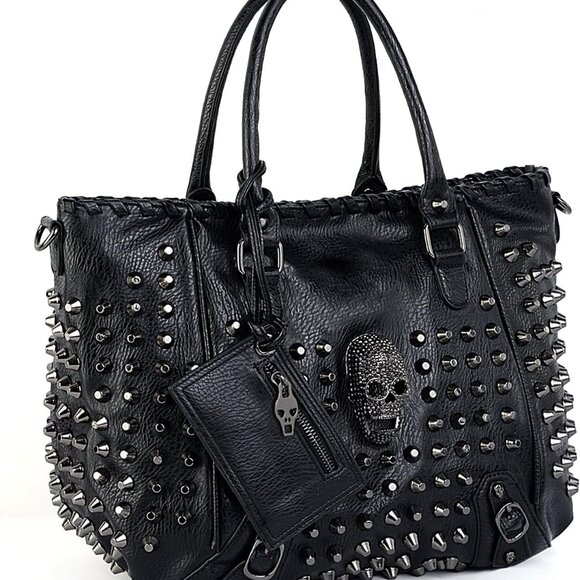 Women Skull Tote Bag Rivet Studded Handbag PU Leather Purse Shoulder Bags 2 Pcs